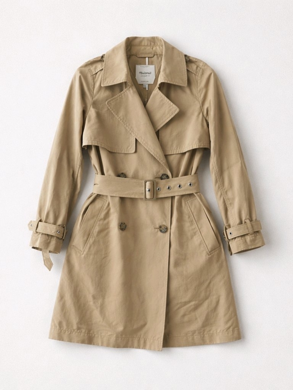Madewell Khaki Cotton Blend Trench Coat with Belted Waist- XXS